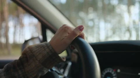 Close-up of the driver's hand on the steering wheel while traveling on a forest Stock Footage 218365975