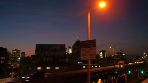 CLOSE UP: Driving across Manhattan Bridge expressway toward downtown city center Stock Footage 72289577