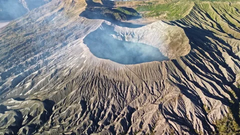 Close Drone Approach to Smoking Mount Bromo Crater Interior, Indonesia Stock Footage 343734659