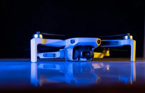 Close up of drone on black. front view Stock Photos