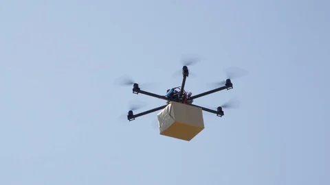 CLOSE UP: Drone delivery, multirotor helicopter flying big brown post package Stock Footage 81138508