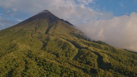 Close drone flight of the top of Mayon volcano smoke coming out. Philippines Stockbeeldmateriaal 93969581