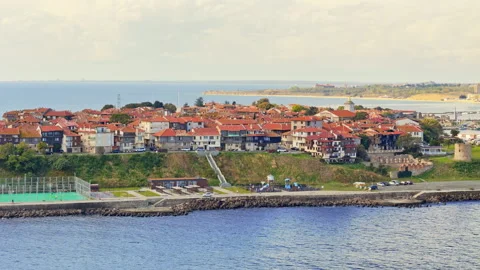 Close up drone flyby Nessebar, ancient city on the Black Sea island Stock Footage 288685475
