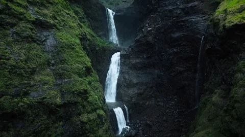 Close-Up Drone Footage of Waterfall Cascading from Mountains – Upward View Stock Footage 285073655