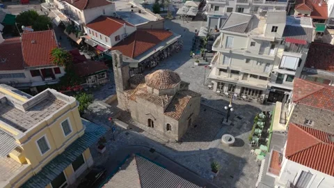 Close Drone Orbit of Byzantine Church in Kalamata Old Town Stock Footage 337393585