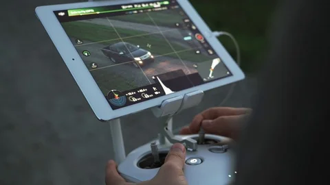 Close Up Of Drone Pilot's Hands On Remote Controller Stock Footage 100018545
