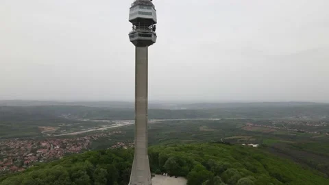 Close up drone shot of Avala tower in Belgrade from bottom to top. Stock Footage 153754855