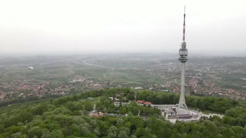 Close up drone shot of Avala tower in Belgrade from bottom to top. Stock Footage 153755012