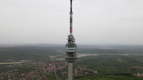 Close up drone shot of Avala tower in Belgrade from bottom to top. Stock Footage 153755014