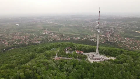 Close up drone shot of Avala tower in Belgrade from bottom to top. Stock Footage 153755021