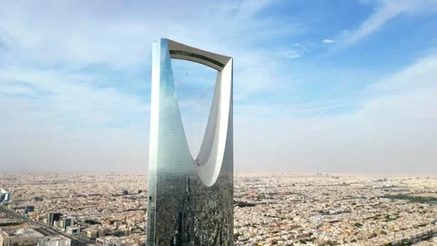 Close up drone shot Kingdom Centre skyscraper in Riyadh Saudi Arabia Stock Footage 242641746