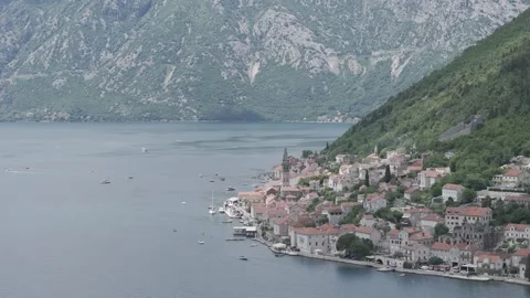 Close-Up Drone Shot of Perast and Mountain Backdrop in Bay of Kotor Stock Footage 310335432