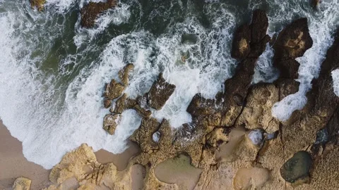 Close Up Drone Shot of Waves on Rocky Coastline Video stock 233903188