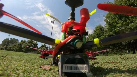 Close up drone take off with high speed aerial footage. Stockbeeldmateriaal 120792877