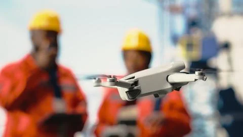 Close up of drone used by operators working on offshore platform Stock Photos