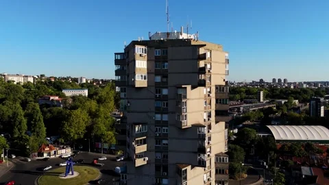Close-up drone view of Karaburma brutalist building in Belgrade, Serbia bold Stock Footage 320926905