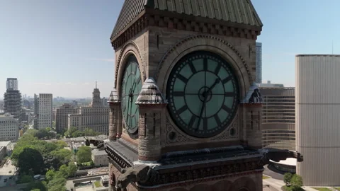 Close drone view of Old City Hall clock face and stonework Stock Footage 323152393