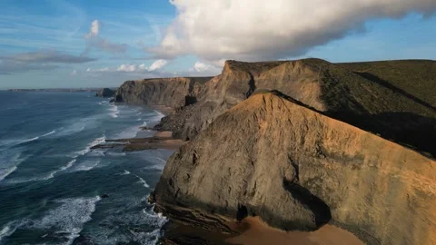 Close-up drone view of Praia da Barriga ocean cliffs - Vicentina Coast, Algarve Stock Footage 256053066