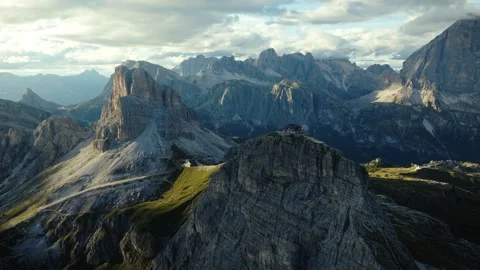 Close Drone View of Ra Gusela with Mountain Hut at Passo Giau, Dolomites Stock Footage 316638684