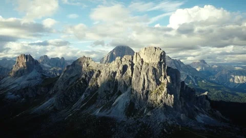 Close Drone View of Ra Gusela Peak and Mountain Hut at Passo Giau, Dolomites Stock Footage 316640610