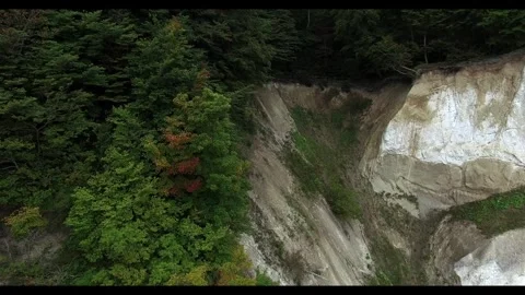 Close drone view of white chalk cliffs and green forest, Denmark Stock Footage 337897525