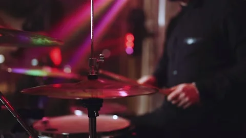 Close-up of a drum kit cymbal during a drummer's performance Stock Footage 169039023