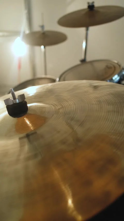 Close-up of a drum set cymbal, vertical video Stock Footage 241082728