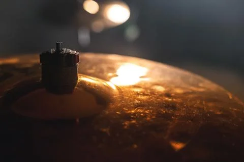 Close-up Drum set in a dark room against the backdrop of the spotlight Stock Photos