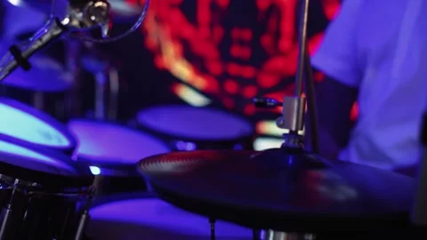 Close up of Drummer Hand Playing Drum Plate on Rock Concert. Rock Band Stock Footage 195210610