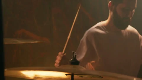 Close-up drummer rehearsals in a studio Stock Footage 258151481