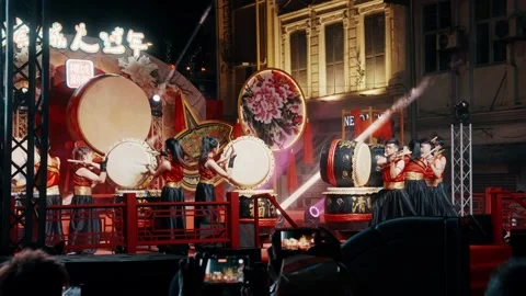 Close-up of Drummers During 24 Festive Drums Performance during Chinese New Stock Footage 328509241