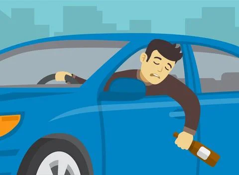 Close-up of drunk driver with bottle of alcohol. Flat vector illustration. Stock Illustration