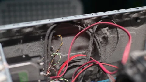 Close-up of dust layer inside of system unit. Time to clean computer from home Stock Footage 276545700