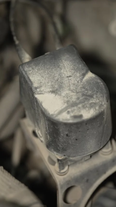 A close up of a dusty black plastic car engine component. Stock Footage 342729618