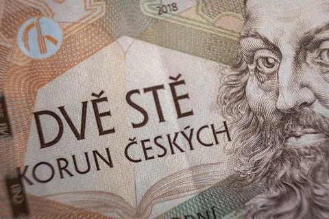  Close-up on dve ste czech koruna Banknote inflation economic in Czech republic  Stock Photos