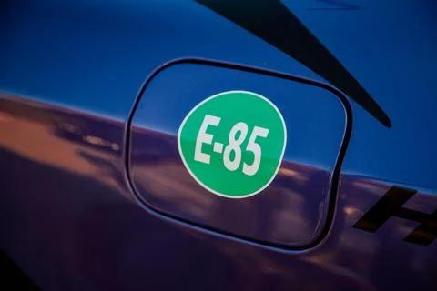 Close-up of E-85 emblem on vehicle gas cap Stock Photos