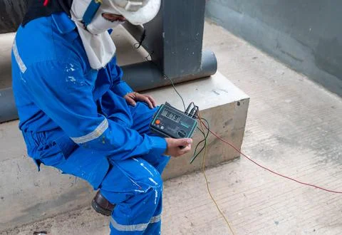 Close up Eart tester in engineer hand tester for protect electric system. Stock Photos