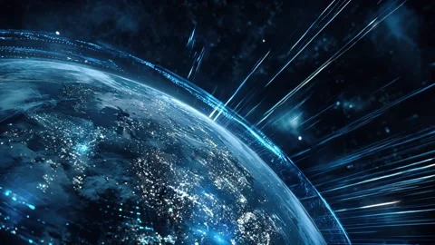 Close-up of Earth in space on a dark background, surrounded by digital rays Stock Footage 315291983