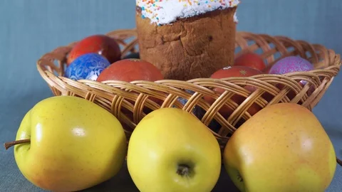 Close-up, Easter Arrangement, Easter in the Wooden Basket with Dyed Eggs and Stock Footage 88297178