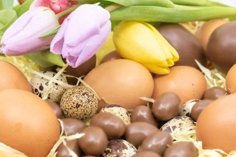 Close-up of Easter basket with various eggs and tulips Stock Photos