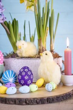Close-up Easter composition with colored Easter eggs. Stock Photos