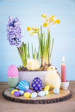 Close-up Easter composition with colored Easter eggs. Stock Photos