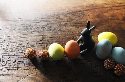 Close up of Easter eggs and decoration on wooden backgrounds Stock Photos