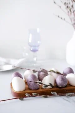 Close-up of easter eggs and willow branches Stock Photos