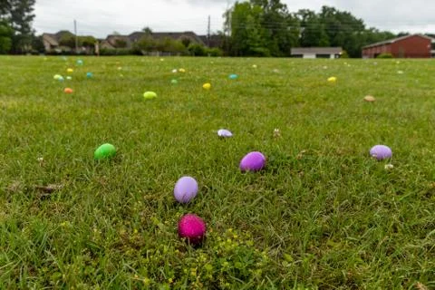 Close up of Easter eggs in grass field, with copy space Stock Photos