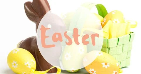 Close-up of easter text symbol over eggs with chocolate bunny 스톡 사진