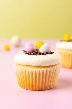 Close up Easter vanilla cupcake with cream cheese, colorful candy eggs Stock Photos