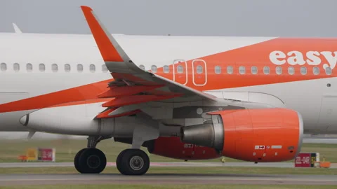 Close Up of easyJet Airbus A320 Passenger Airplane, Wing, Engine, Landing Gear Stock Footage 286046458