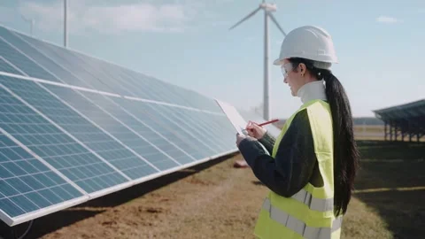 Close up of ecological engineer collecting information on a solar panel field Stock Footage 171968997