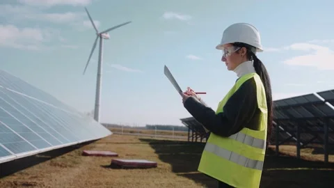 Close up of ecological engineer collecting information on a solar panel field Video stock 171969290
